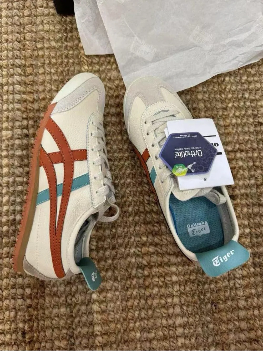 Classic Women's White Sneakers with Rust and Teal Details